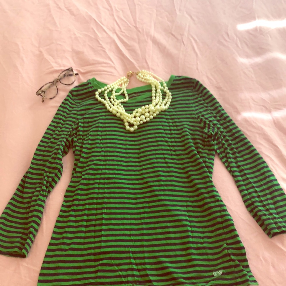 Green and blue striped long sleeved shirt